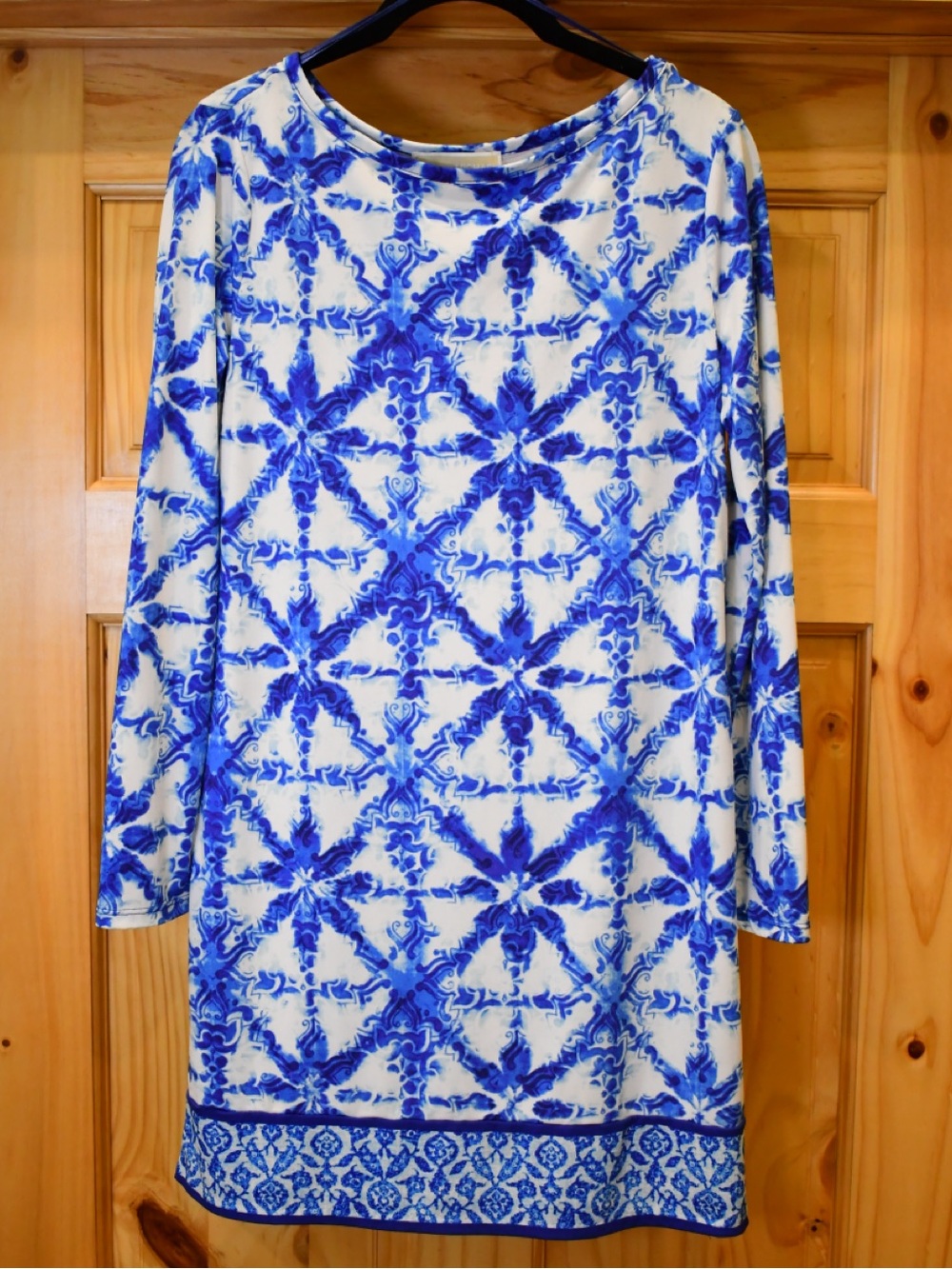 Michael Kors Blue & White Printed 3/4 Sleeve Mini Shift Dress P/M